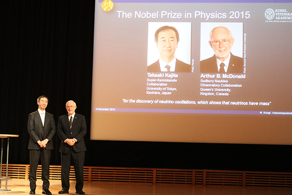 2015.12.08 Professor Kajita and Professor Arthur B. McDonald after finishing their Nobel Lectures at Stockholm University's Aula Magna