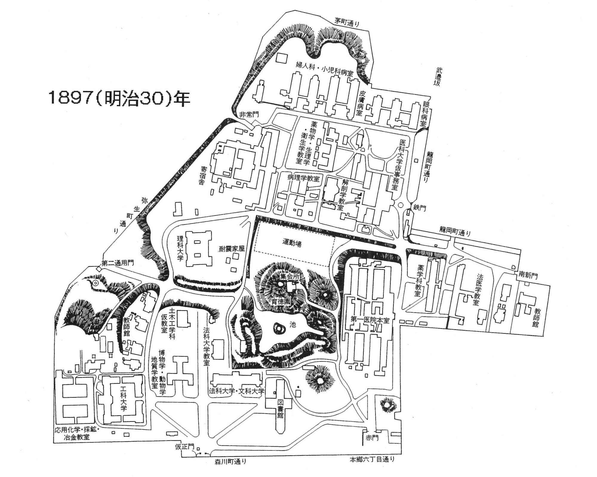A map of the University of Tokyo’s Hongo Campus around 1897, with the left side being north